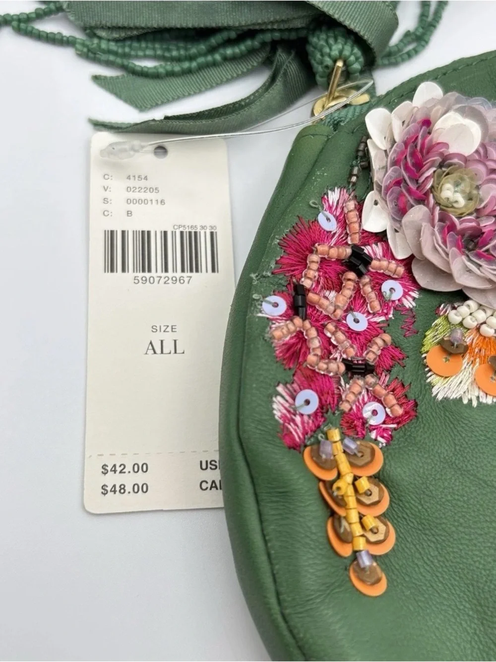 Anthropologie Green Round Embellished Wristlet with Floral Appliqué